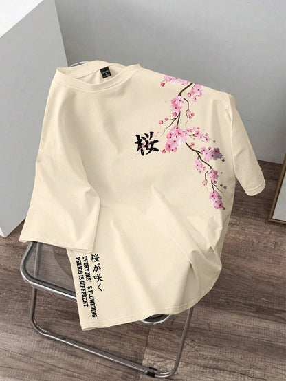 Manfinity Joysei Men's Summer White Floral Oversized T-Shirt,Japanese Sakura Cherry Blossom Branch Graphic Print Kanji Letter Crew Neck Short Sleeve City Break Tee