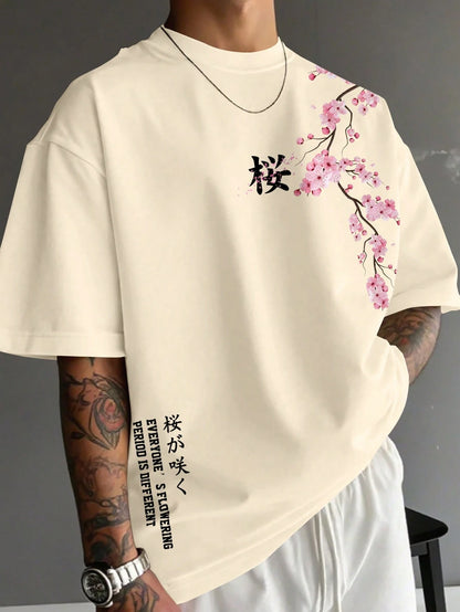 Manfinity Joysei Men's Summer White Floral Oversized T-Shirt,Japanese Sakura Cherry Blossom Branch Graphic Print Kanji Letter Crew Neck Short Sleeve City Break Tee