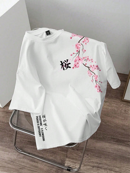 Manfinity Joysei Men's Summer White Floral Oversized T-Shirt,Japanese Sakura Cherry Blossom Branch Graphic Print Kanji Letter Crew Neck Short Sleeve City Break Tee
