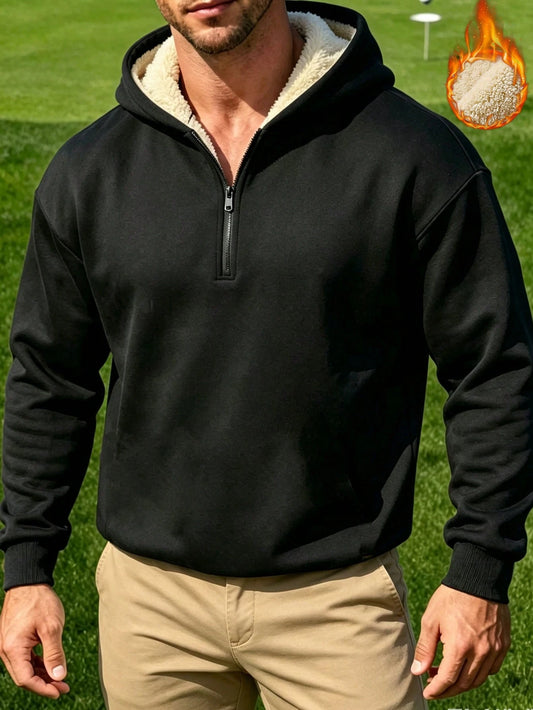 Manfinity Men's No-Drawstring 1/4 Zip Hooded Sweatshirt, Fleece Lined Warm Outdoor Golf Casual Pullover Sports
