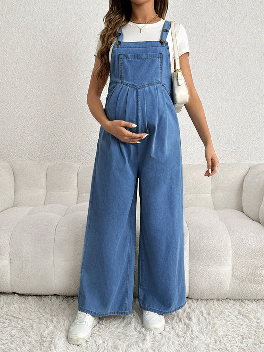 Maternity Adjustable Denim Bib Pants Wide Leg Casual Loose Blue Overalls