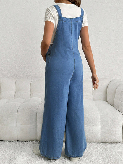 Maternity Adjustable Denim Bib Pants Wide Leg Casual Loose Blue Overalls