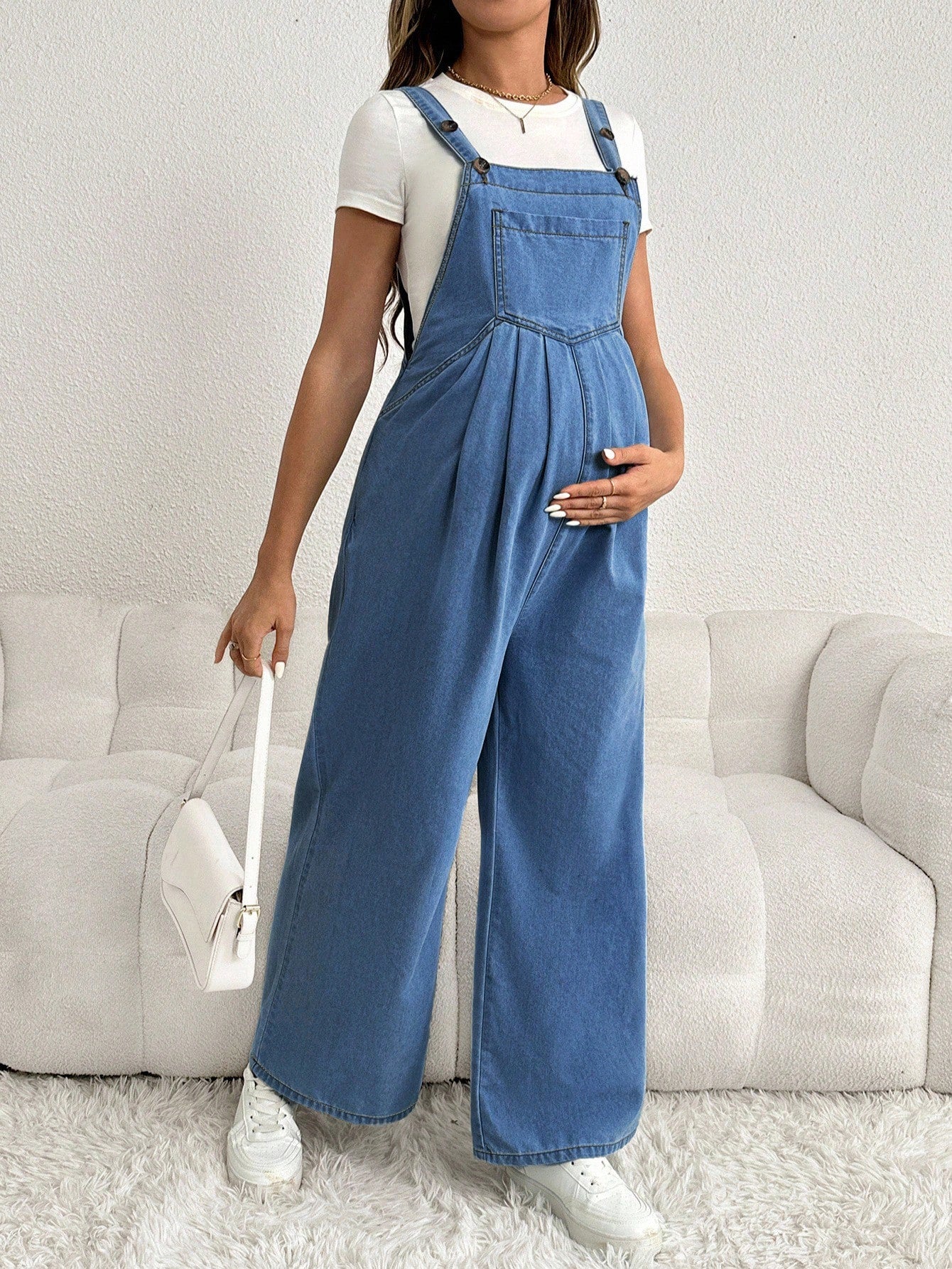 Maternity Adjustable Denim Bib Pants Wide Leg Casual Loose Blue Overalls