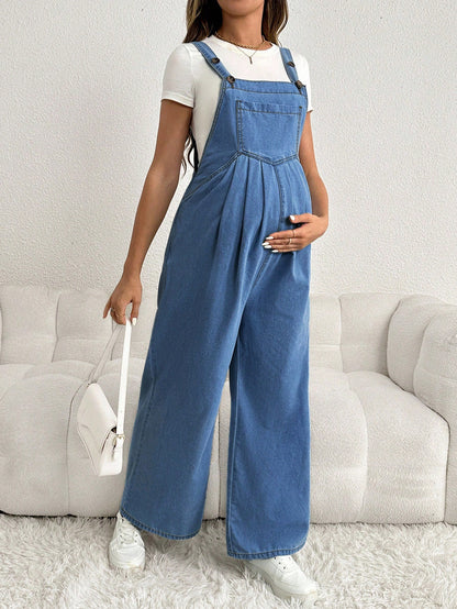 Maternity Adjustable Denim Bib Pants Wide Leg Casual Loose Blue Overalls