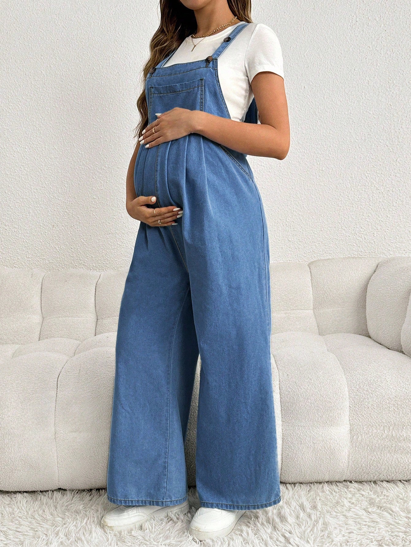 Maternity Adjustable Denim Bib Pants Wide Leg Casual Loose Blue Overalls