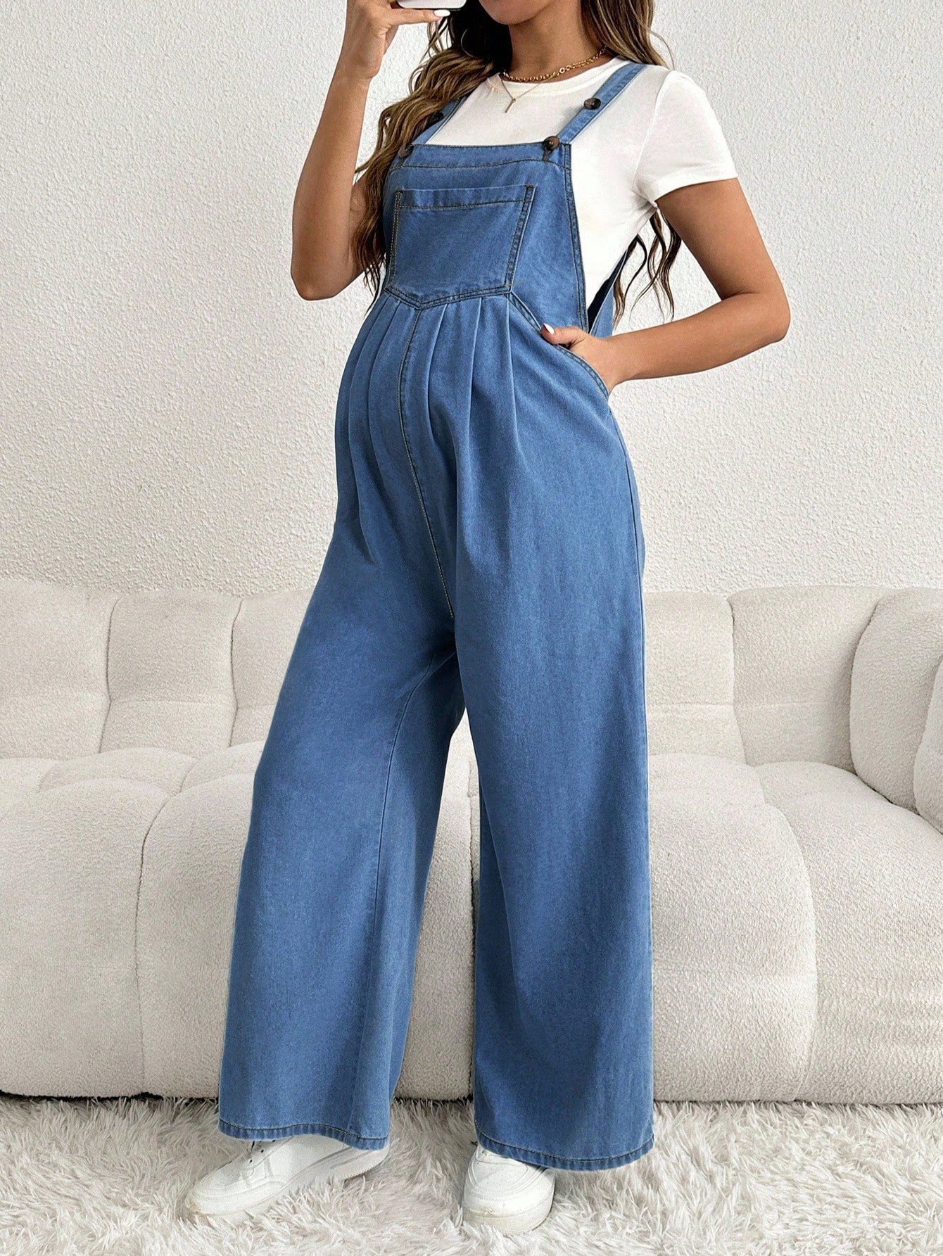 Maternity Adjustable Denim Bib Pants Wide Leg Casual Loose Blue Overalls
