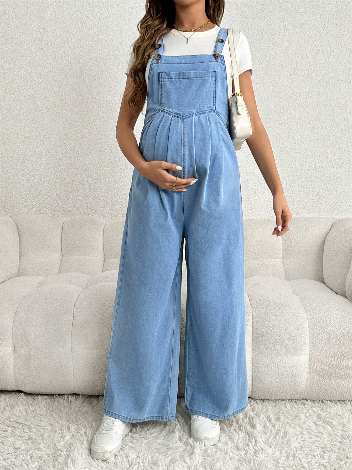 Maternity Adjustable Denim Bib Pants Wide Leg Casual Loose Blue Overalls
