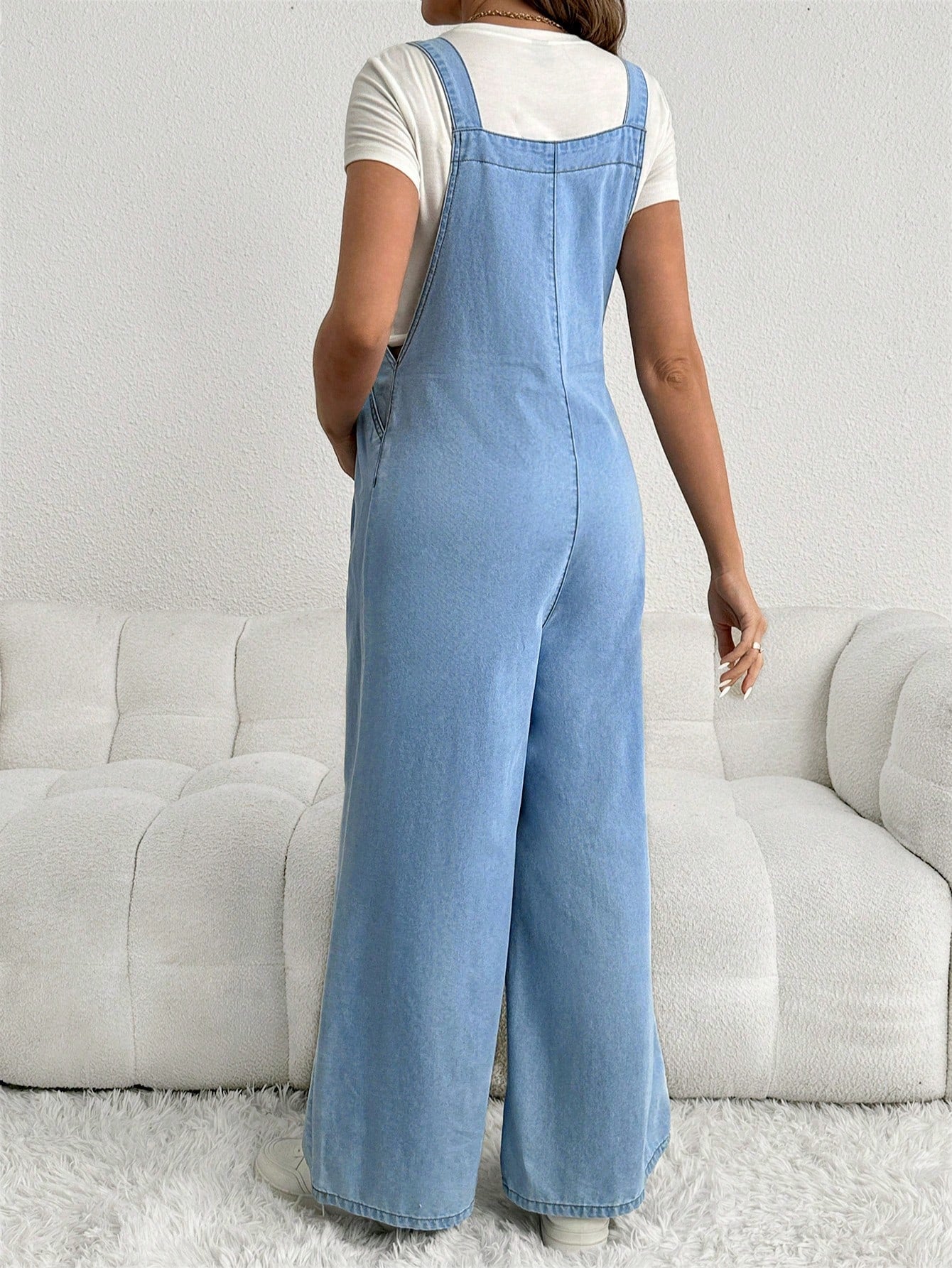 Maternity Adjustable Denim Bib Pants Wide Leg Casual Loose Blue Overalls