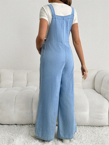 Maternity Adjustable Denim Bib Pants Wide Leg Casual Loose Blue Overalls