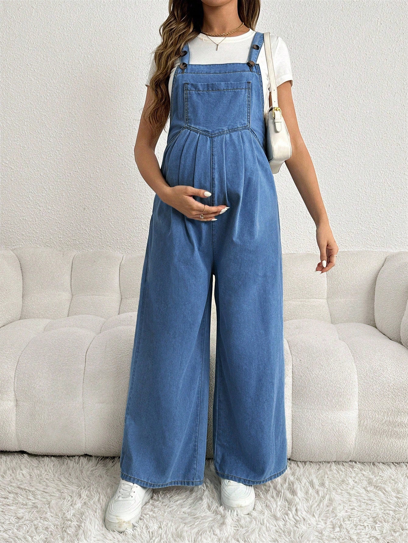 Maternity Adjustable Denim Bib Pants Wide Leg Casual Loose Blue Overalls
