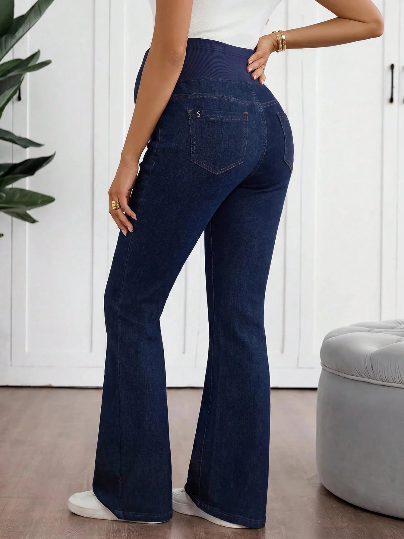 Maternity Jeans Adjustable Waistband Pocket Casual Business Casual Flare Jeans Going Out Gender Reveal Work Outfits For Women Travel Clothes Navy Blue