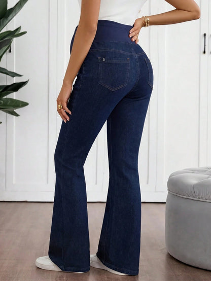 Maternity Jeans Adjustable Waistband Pocket Casual Business Casual Flare Jeans Going Out Gender Reveal Work Outfits For Women Travel Clothes Navy Blue