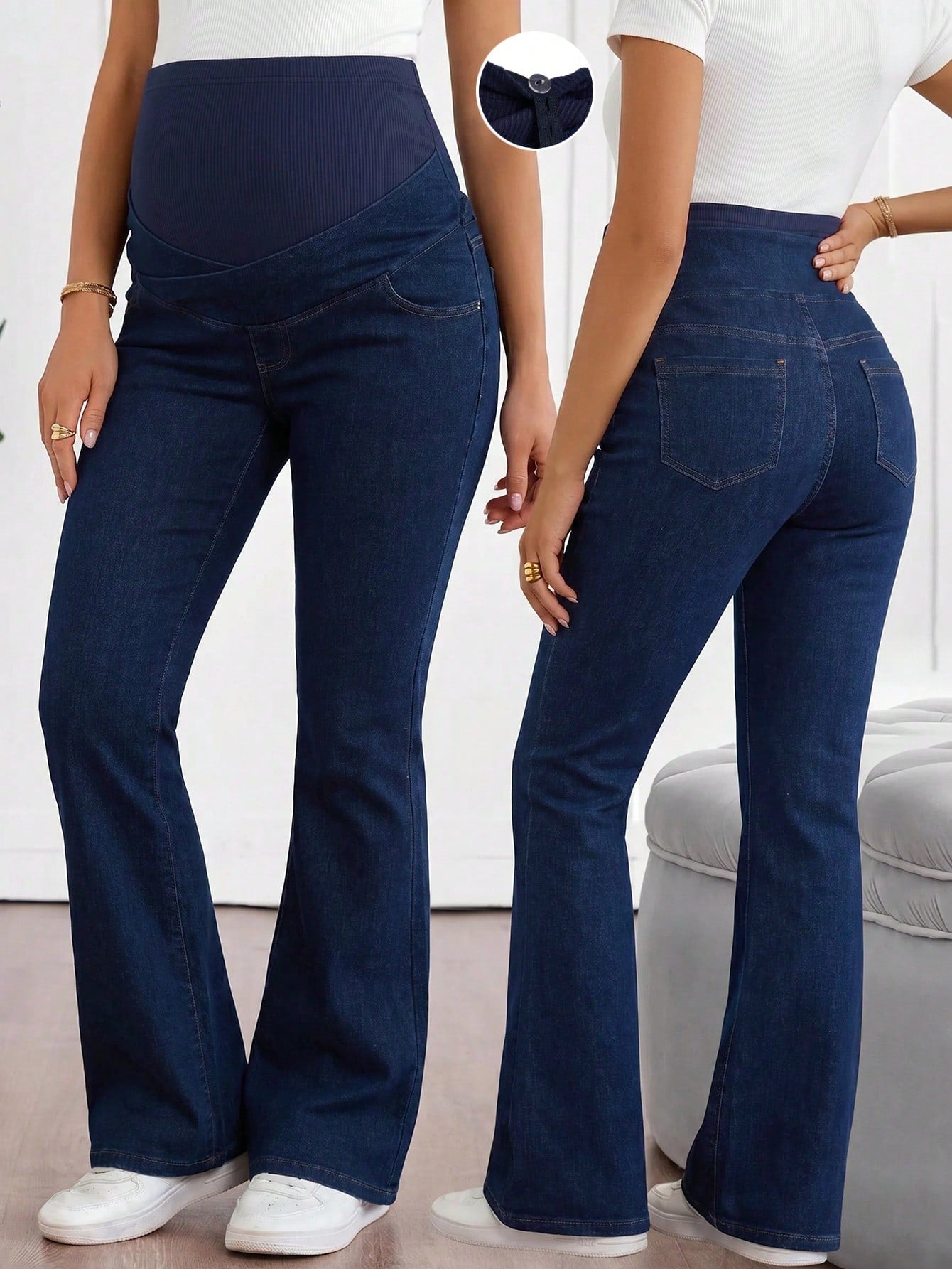 Maternity Jeans Adjustable Waistband Pocket Casual Business Casual Flare Jeans Going Out Gender Reveal Work Outfits For Women Travel Clothes Navy Blue