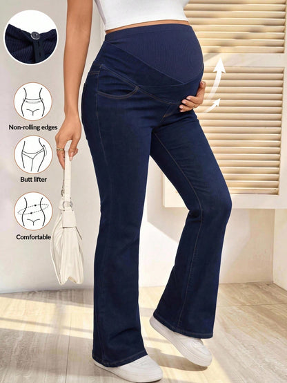 Maternity Jeans Adjustable Waistband Pocket Casual Business Casual Flare Jeans Going Out Gender Reveal Work Outfits For Women Travel Clothes Navy Blue