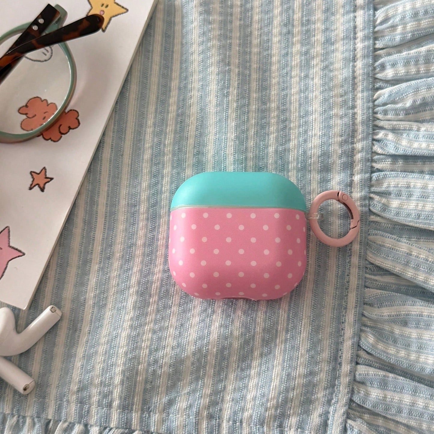 Matte Blue-Green Lid Polka Dot With Hanging Ring Earphone Case Compatible With AirPods Pro 3 Protective Cover Pro 2 Cute Apple 4 Minimalist 3 New 1/2 Generation Girls Earphone Case Protective Cover