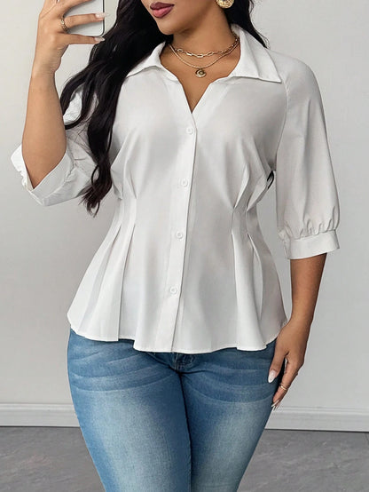 Maweii Plus Size Solid Color Lapel Ruched Waist Elegant Shirt Fall