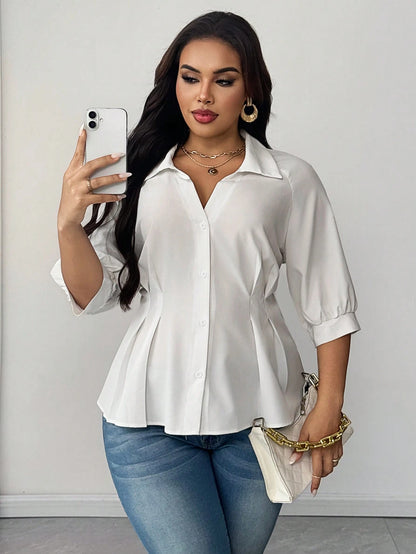 Maweii Plus Size Solid Color Lapel Ruched Waist Elegant Shirt Fall