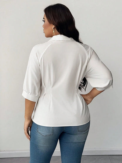 Maweii Plus Size Solid Color Lapel Ruched Waist Elegant Shirt Fall