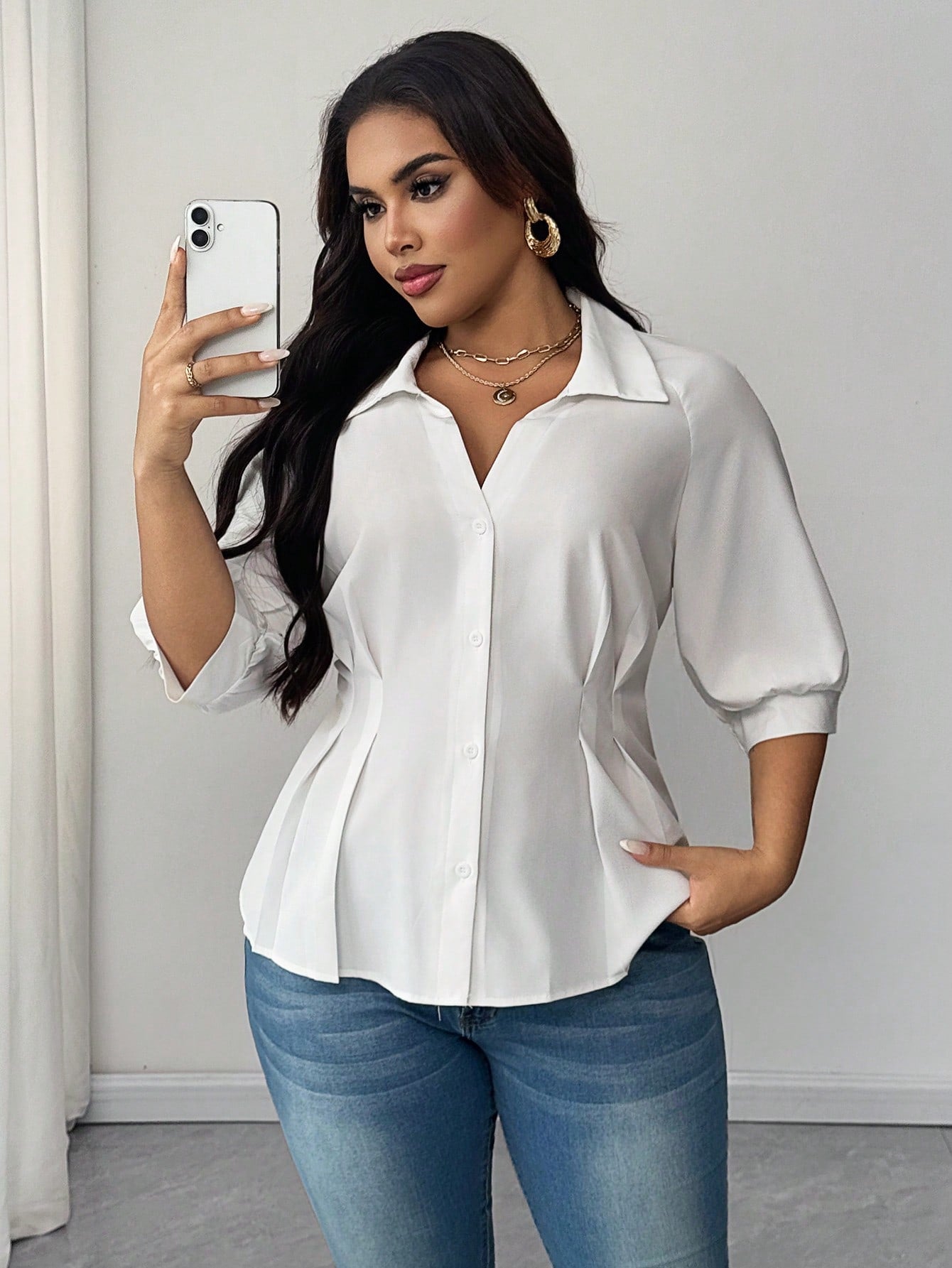 Maweii Plus Size Solid Color Lapel Ruched Waist Elegant Shirt Fall