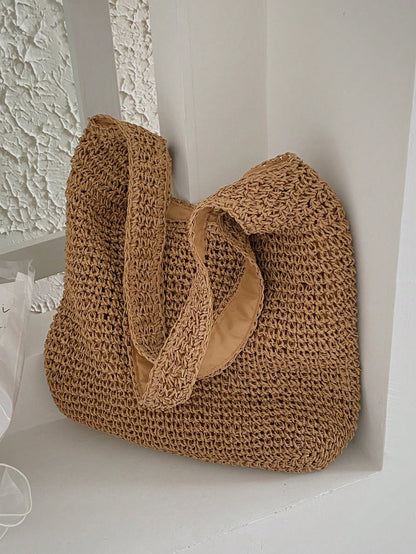 Medium Solid Color Double Handle,Perfect For Summer Travel Vacation, Straw Purse, Straw Beach Bag, Beach Necessities, Beach Essentials,Beach Stuff & Summer EssentialsSchool Bag,Large Capacity,Lightwei