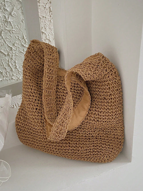 Medium Solid Color Double Handle,Perfect For Summer Travel Vacation, Straw Purse, Straw Beach Bag, Beach Necessities, Beach Essentials,Beach Stuff & Summer EssentialsSchool Bag,Large Capacity,Lightwei