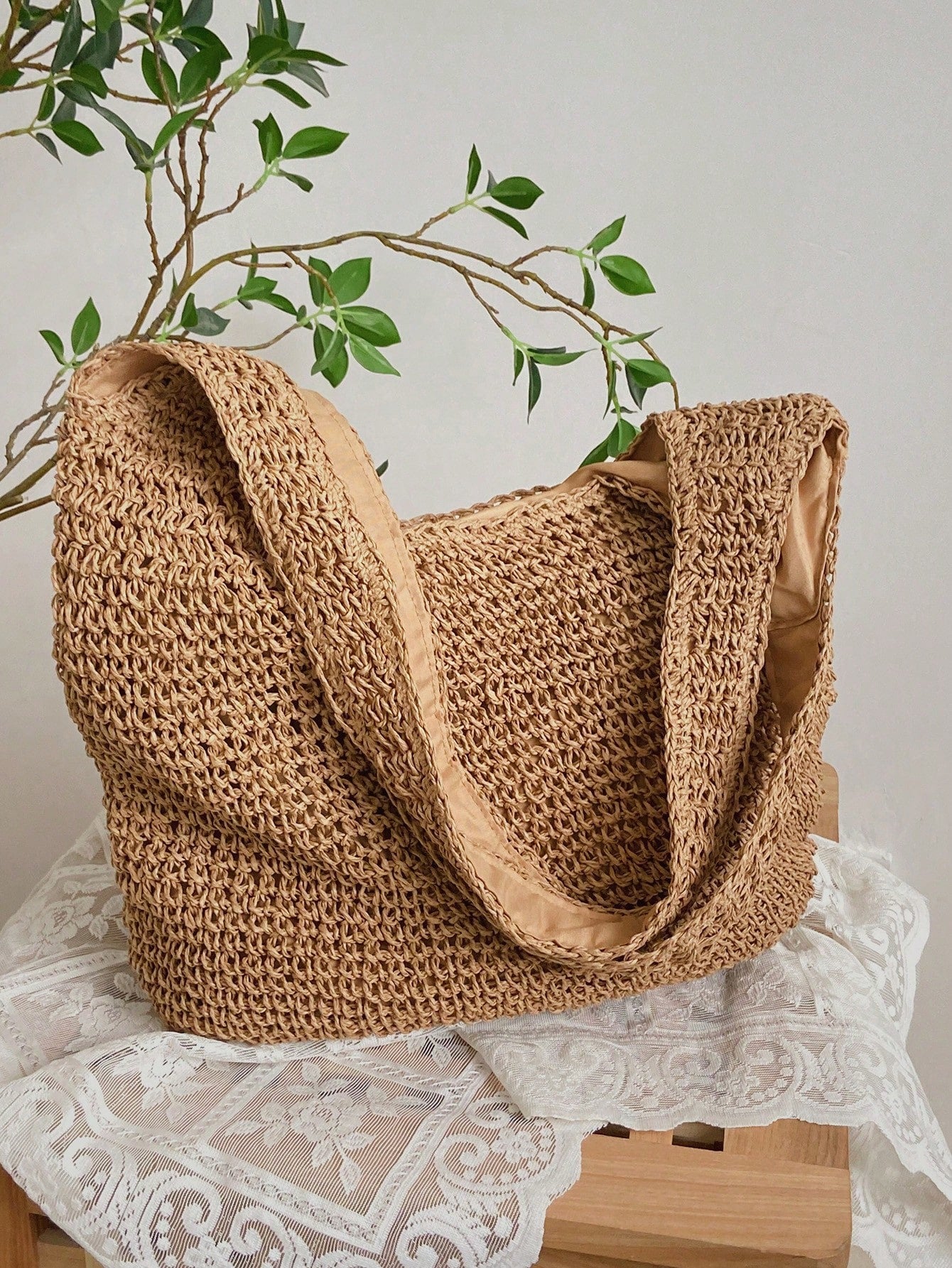 Medium Solid Color Double Handle,Perfect For Summer Travel Vacation, Straw Purse, Straw Beach Bag, Beach Necessities, Beach Essentials,Beach Stuff & Summer EssentialsSchool Bag,Large Capacity,Lightwei