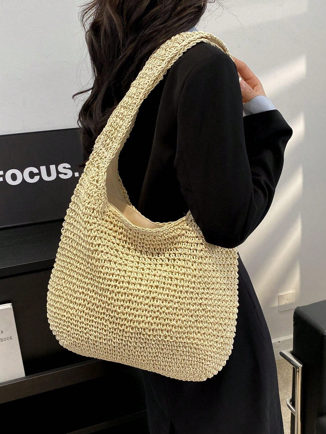 Medium Solid Color Double Handle,Perfect For Summer Travel Vacation, Straw Purse, Straw Beach Bag, Beach Necessities, Beach Essentials,Beach Stuff & Summer EssentialsSchool Bag,Large Capacity,Lightwei