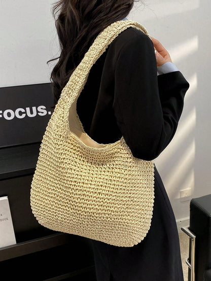Medium Solid Color Double Handle,Perfect For Summer Travel Vacation, Straw Purse, Straw Beach Bag, Beach Necessities, Beach Essentials,Beach Stuff & Summer EssentialsSchool Bag,Large Capacity,Lightwei