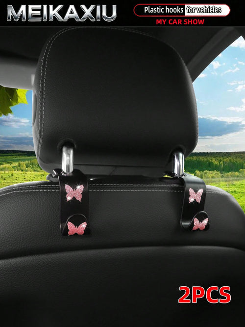 MEIKAXIU 2pcs Universal Car Seat Headrest Hooks, Bling Butterfly Decoration For Women, Suitable For Car Rear Seat Storage Organizer, Can Hang Handbags, Wallets, Clothes, Coats, Etc.