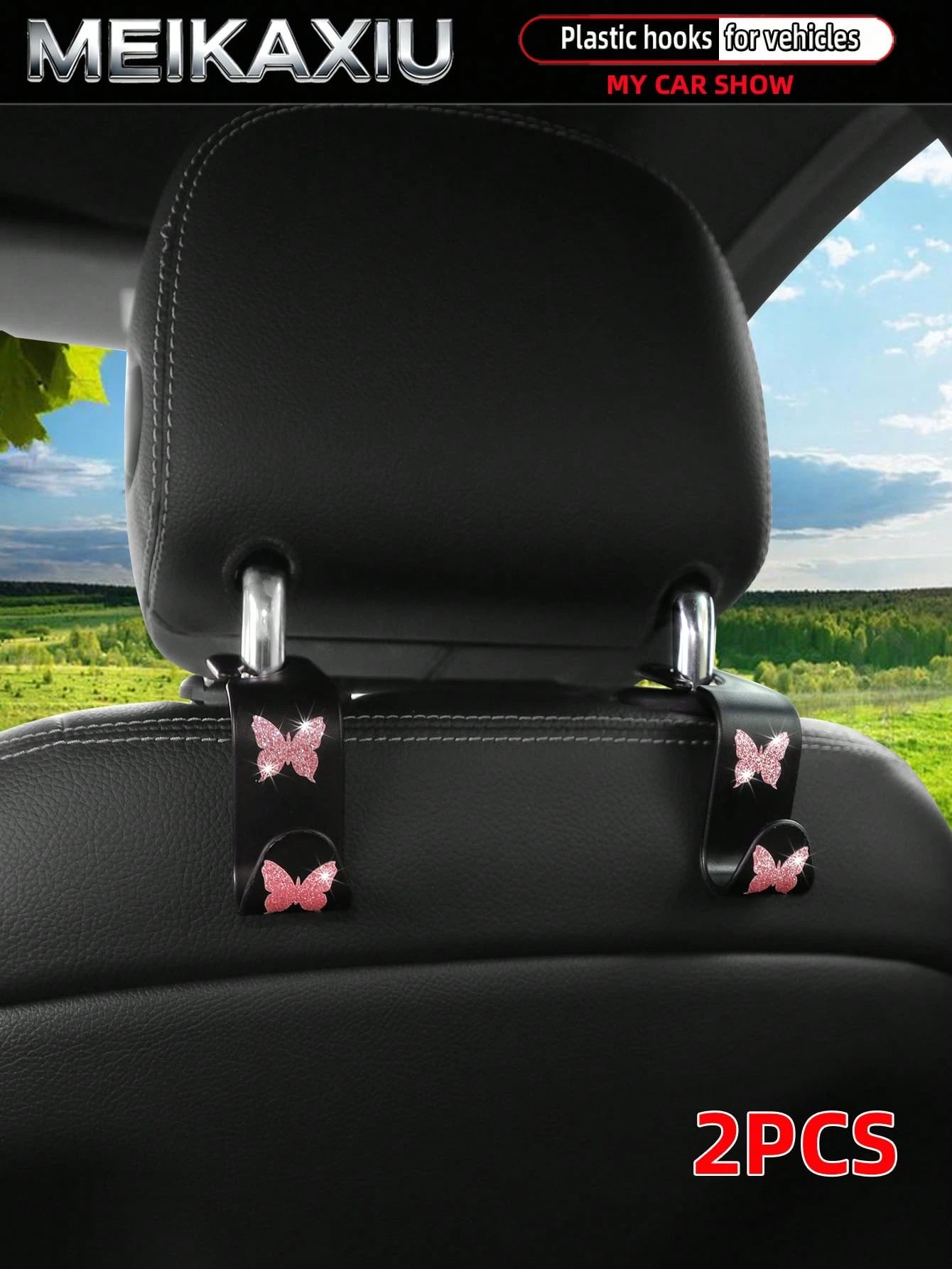 MEIKAXIU 2pcs Universal Car Seat Headrest Hooks, Bling Butterfly Decoration For Women, Suitable For Car Rear Seat Storage Organizer, Can Hang Handbags, Wallets, Clothes, Coats, Etc.