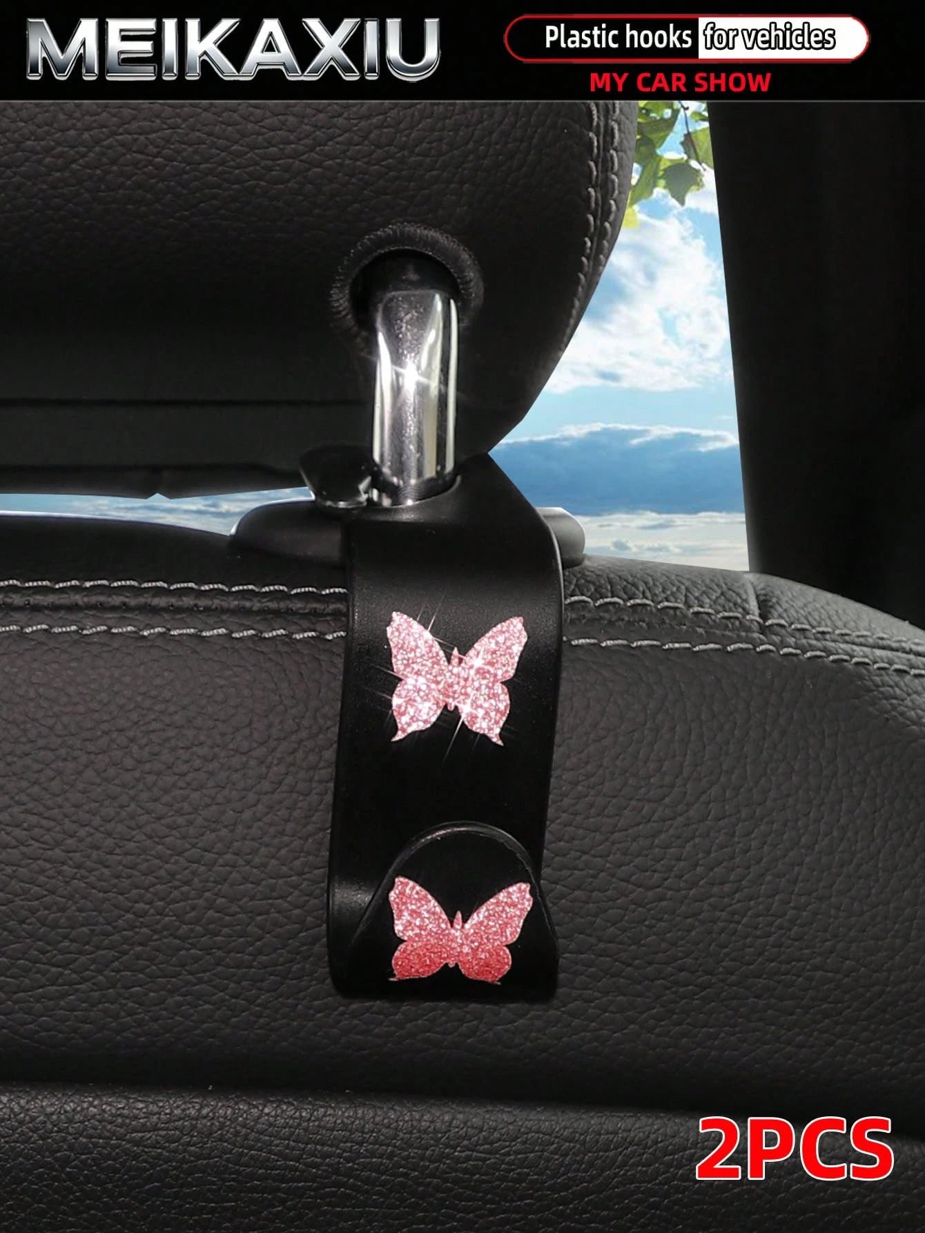 MEIKAXIU 2pcs Universal Car Seat Headrest Hooks, Bling Butterfly Decoration For Women, Suitable For Car Rear Seat Storage Organizer, Can Hang Handbags, Wallets, Clothes, Coats, Etc.