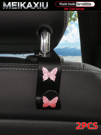 MEIKAXIU 2pcs Universal Car Seat Headrest Hooks, Bling Butterfly Decoration For Women, Suitable For Car Rear Seat Storage Organizer, Can Hang Handbags, Wallets, Clothes, Coats, Etc.