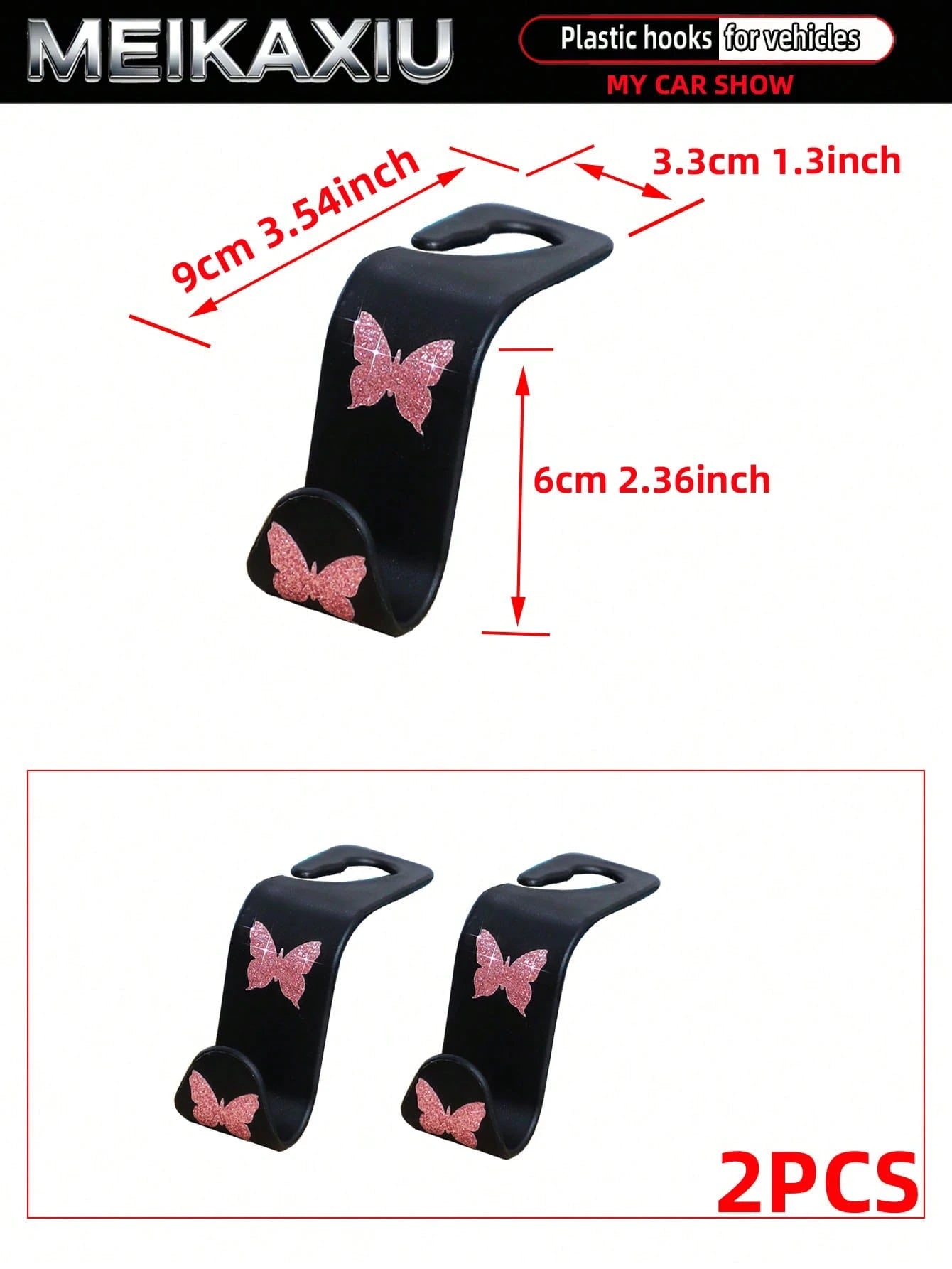 MEIKAXIU 2pcs Universal Car Seat Headrest Hooks, Bling Butterfly Decoration For Women, Suitable For Car Rear Seat Storage Organizer, Can Hang Handbags, Wallets, Clothes, Coats, Etc.