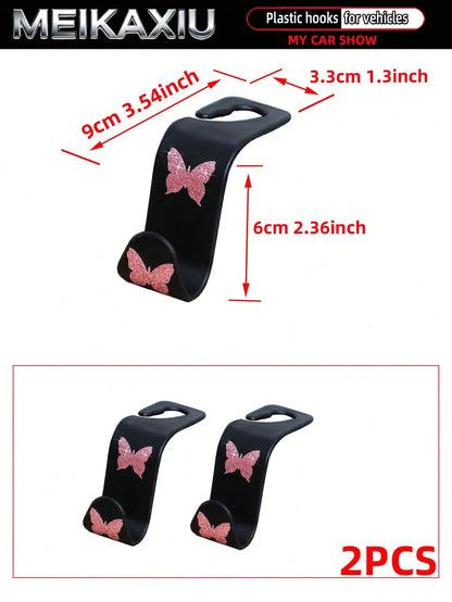 MEIKAXIU 2pcs Universal Car Seat Headrest Hooks, Bling Butterfly Decoration For Women, Suitable For Car Rear Seat Storage Organizer, Can Hang Handbags, Wallets, Clothes, Coats, Etc.
