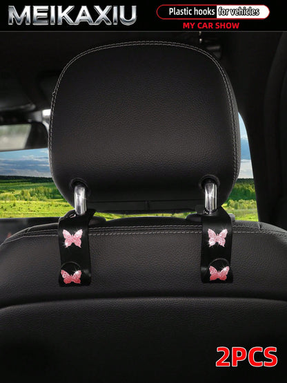 MEIKAXIU 2pcs Universal Car Seat Headrest Hooks, Bling Butterfly Decoration For Women, Suitable For Car Rear Seat Storage Organizer, Can Hang Handbags, Wallets, Clothes, Coats, Etc.