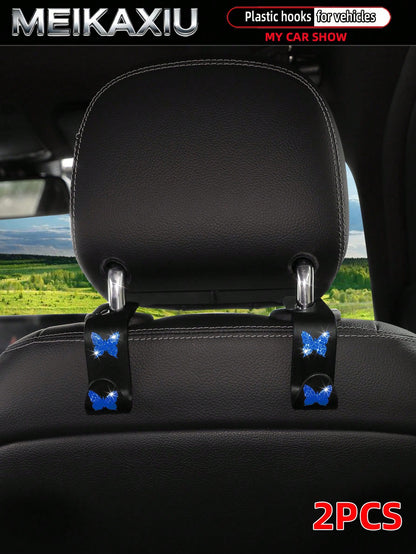 MEIKAXIU 2pcs Universal Car Seat Headrest Hooks, Bling Butterfly Decoration For Women, Suitable For Car Rear Seat Storage Organizer, Can Hang Handbags, Wallets, Clothes, Coats, Etc.