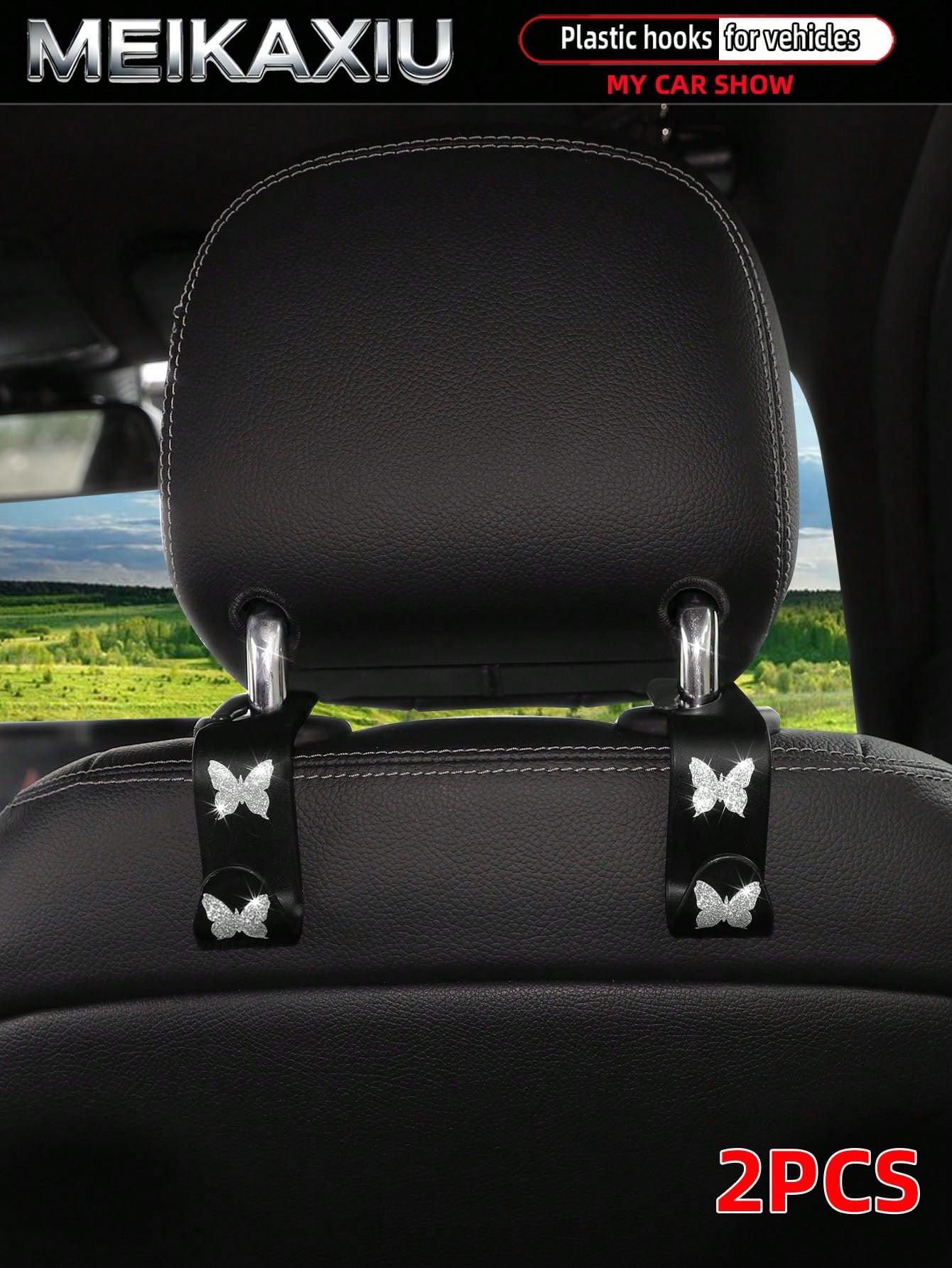MEIKAXIU 2pcs Universal Car Seat Headrest Hooks, Bling Butterfly Decoration For Women, Suitable For Car Rear Seat Storage Organizer, Can Hang Handbags, Wallets, Clothes, Coats, Etc.