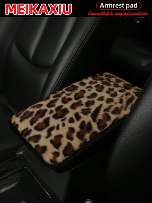 MEIKAXIU Leopard Plush Armrest Pad, Anti-Slip Car Center Console Mat, Auto Decorative Accessories, Winter