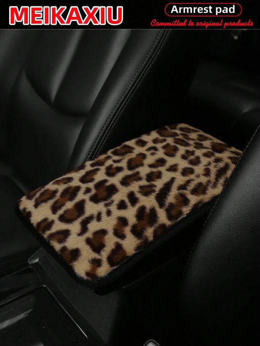 MEIKAXIU Leopard Plush Armrest Pad, Anti-Slip Car Center Console Mat, Auto Decorative Accessories, Winter