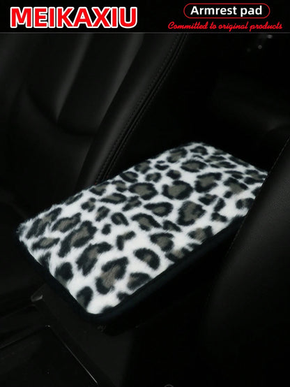 MEIKAXIU Leopard Plush Armrest Pad, Anti-Slip Car Center Console Mat, Auto Decorative Accessories, Winter