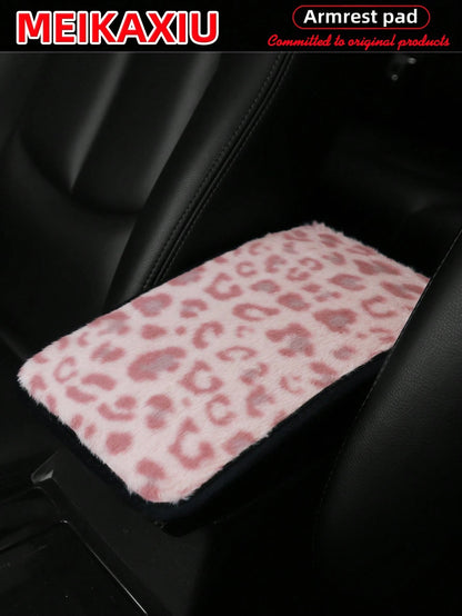 MEIKAXIU Leopard Plush Armrest Pad, Anti-Slip Car Center Console Mat, Auto Decorative Accessories, Winter