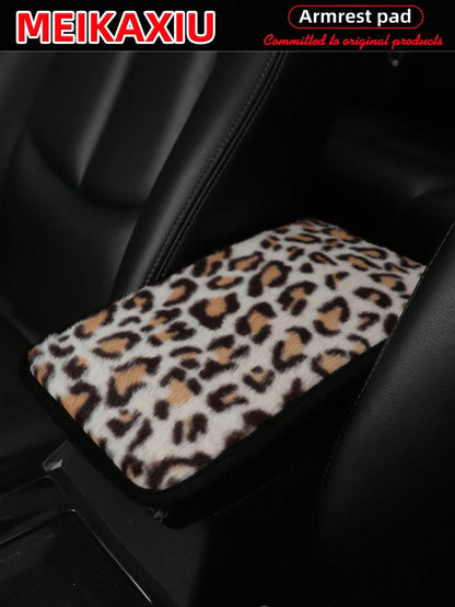 MEIKAXIU Leopard Plush Armrest Pad, Anti-Slip Car Center Console Mat, Auto Decorative Accessories, Winter
