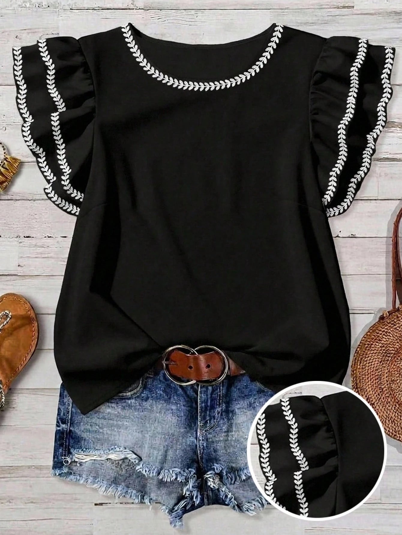 Mellowie Plus Size Women Summer Casual Casual Formal Elegant Vacation Plant Pattern Double Ruffle Sleeve Loose Blouse Office Black