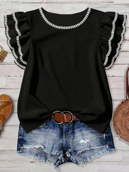 Mellowie Plus Size Women Summer Casual Casual Formal Elegant Vacation Plant Pattern Double Ruffle Sleeve Loose Blouse Office Black