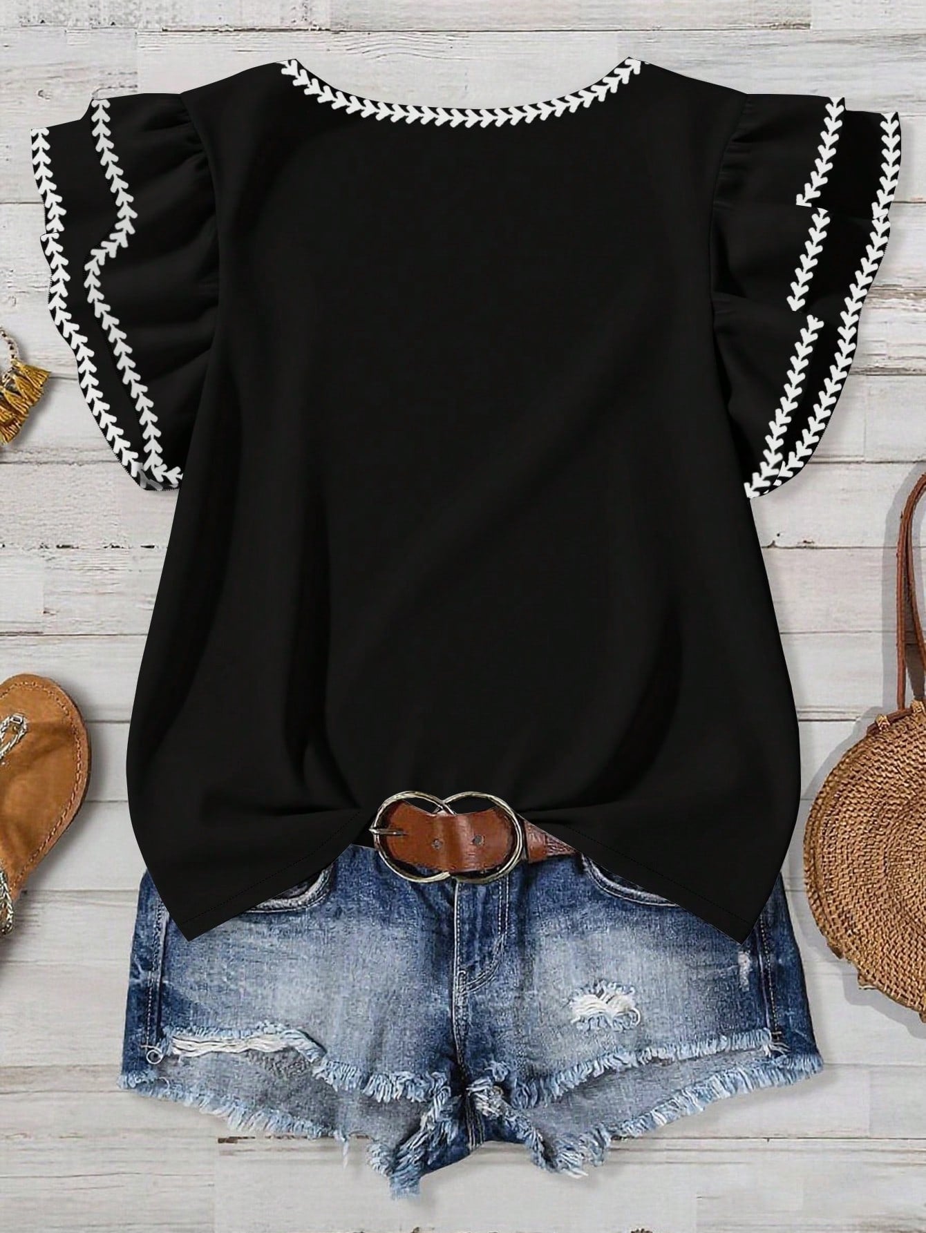 Mellowie Plus Size Women Summer Casual Casual Formal Elegant Vacation Plant Pattern Double Ruffle Sleeve Loose Blouse Office Black