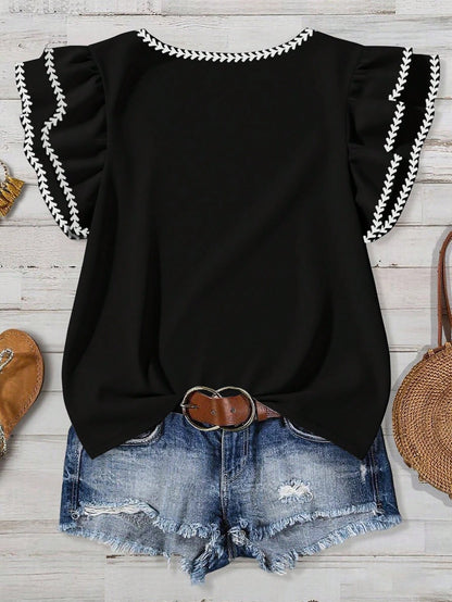 Mellowie Plus Size Women Summer Casual Casual Formal Elegant Vacation Plant Pattern Double Ruffle Sleeve Loose Blouse Office Black
