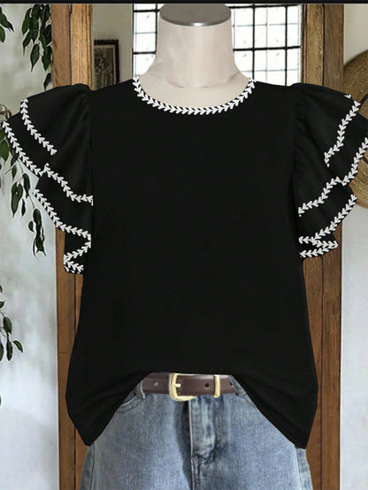 Mellowie Plus Size Women Summer Casual Casual Formal Elegant Vacation Plant Pattern Double Ruffle Sleeve Loose Blouse Office Black