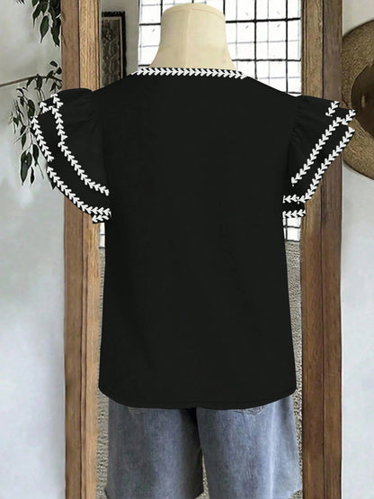 Mellowie Plus Size Women Summer Casual Casual Formal Elegant Vacation Plant Pattern Double Ruffle Sleeve Loose Blouse Office Black