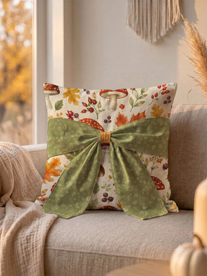 MEMNUN 1pc Autumn Watercolor Forest Maple Leaf Berry Mushroom Print Pillowcase 45*45cm Made Of Polyester Material Fall Decor Orange Green Bow Tie Cushion Cover Single-Sided Print Invisible Zipper Poly