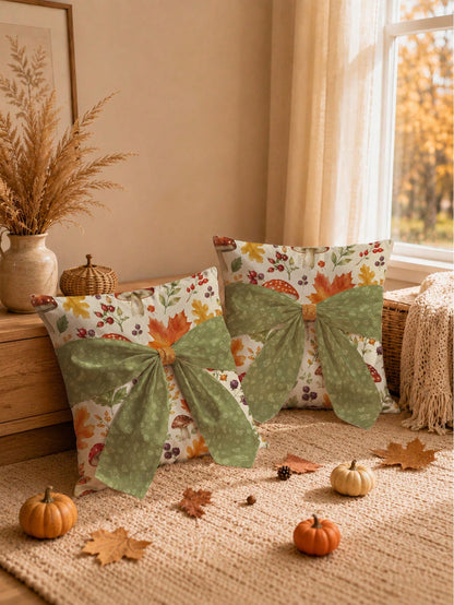 MEMNUN 1pc Autumn Watercolor Forest Maple Leaf Berry Mushroom Print Pillowcase 45*45cm Made Of Polyester Material Fall Decor Orange Green Bow Tie Cushion Cover Single-Sided Print Invisible Zipper Poly